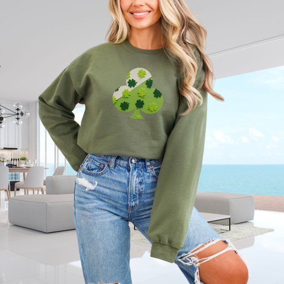 Military Green Shamrock Sweatshirt for Saint Patrick Day Clover Green Sweatshirt - Picture 8 of 9